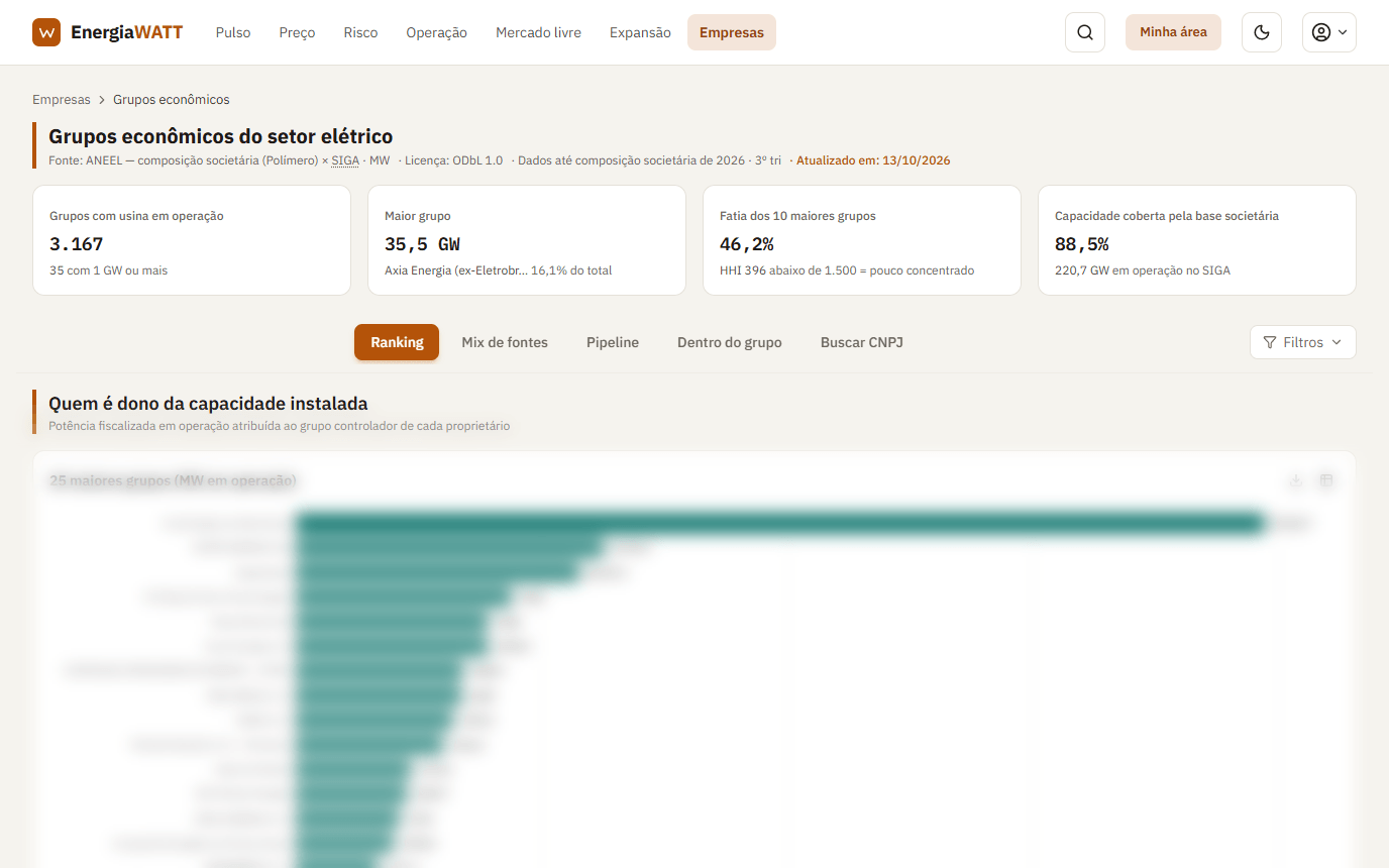Tela do painel Grupos econômicos: cartões de grupos com usina, maior grupo, fatia dos 10 maiores e capacidade coberta e as abas Ranking, Mix de fontes, Pipeline e outras; os gráficos abaixo, desfocados.